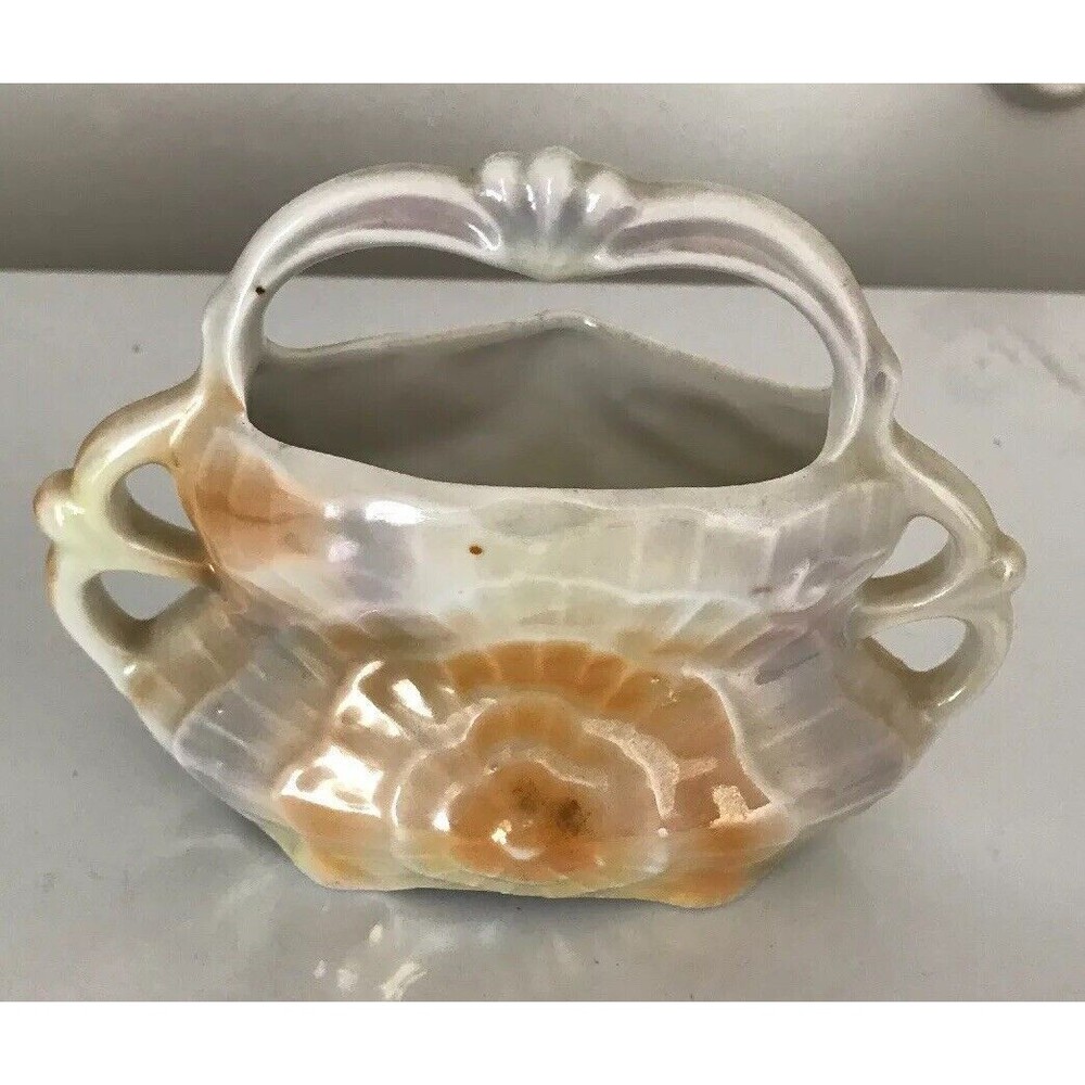 Vintage Porcelain iridescent pearl Trinket Container Vase With Handle 4" x 6"